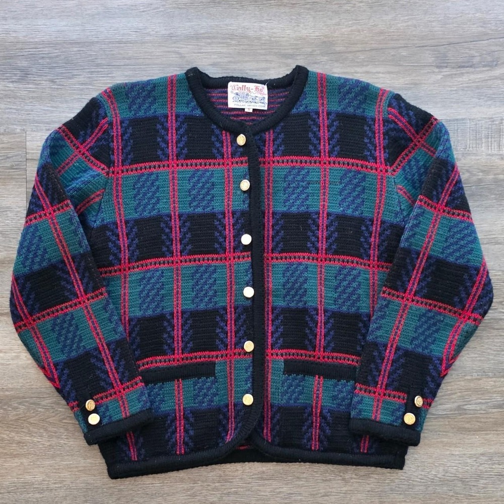 Vintage Tally-Ho Plaid Cardigan Sweater Red Green Tartan Gold Button Women Small